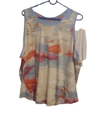 tek gear Light Blue Watercolor Cold-Shoulder Tank with Coral Accents